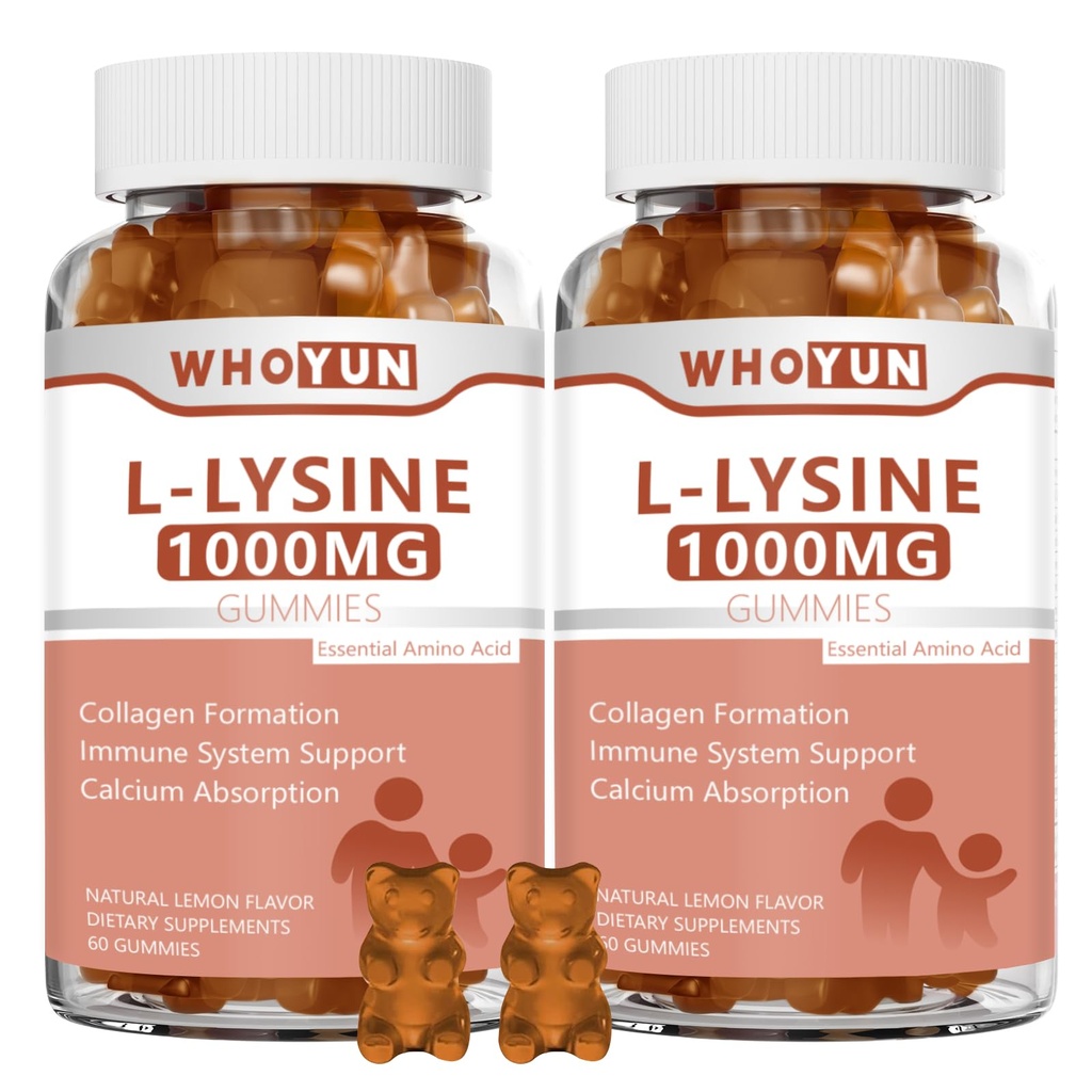 L-Lysine 1000mg Gummies, Chewable Lysine Supplement for Adults, Immune Support, Collagen Formation Support, Lemon Flavor, 120 Count