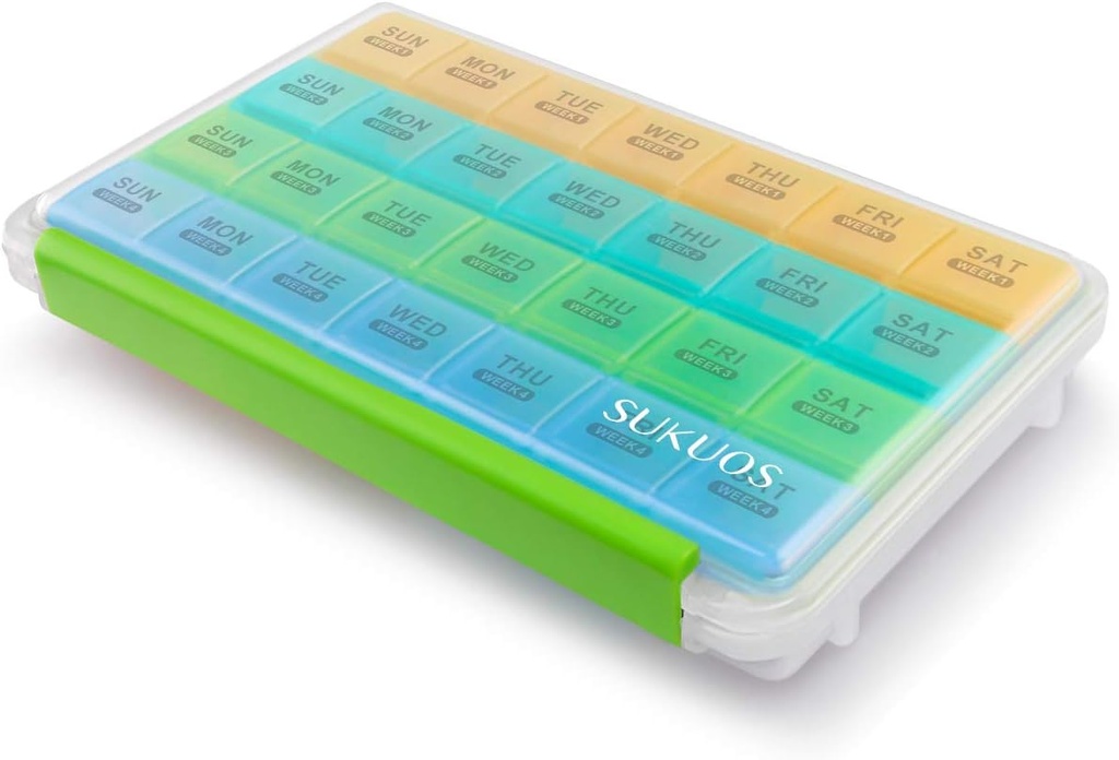 [BRSWGBQQDMNQ2FDD] Sukuos Organizador Mensual de Pill 28 Día Fácil de abrir, caja de gran tamaño resistente a la humedad con caja de polvo y tapa clara para vitamina / aceite de fundición