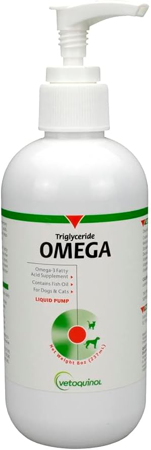 Vetoquinol Triglyceride Liquid Omega 3 Suplemento para perros y gatos, líquido aceite de pescado suplemento con EPA y DHA, promueve la piel, la carne, la articulación, y la salud inmunitaria, Omega 3 aceite de pescado para perros y gatos, 8oz