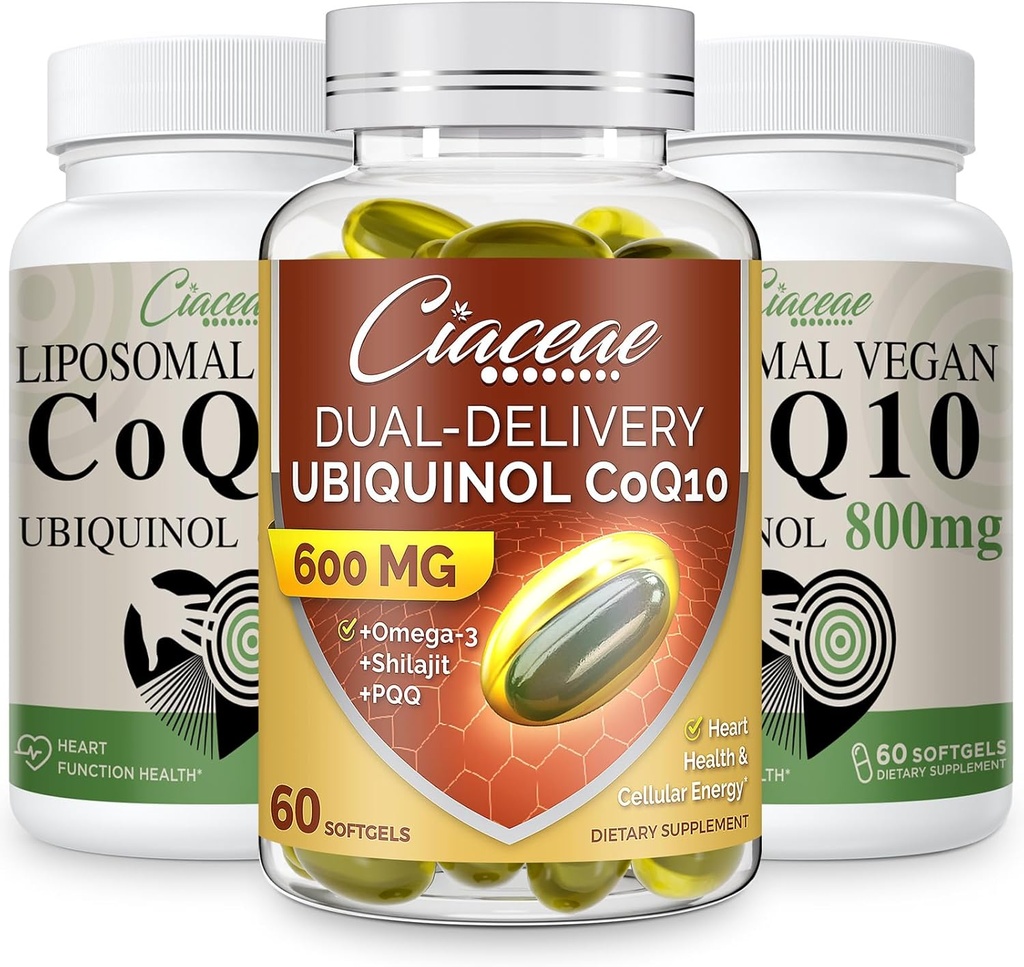 Liposomal CoQ10 800mg 2PCS Bundle con Ubiquinol CoQ10 600 MG Softgels con Omega-3 " Shilajit " PQ 1PCS