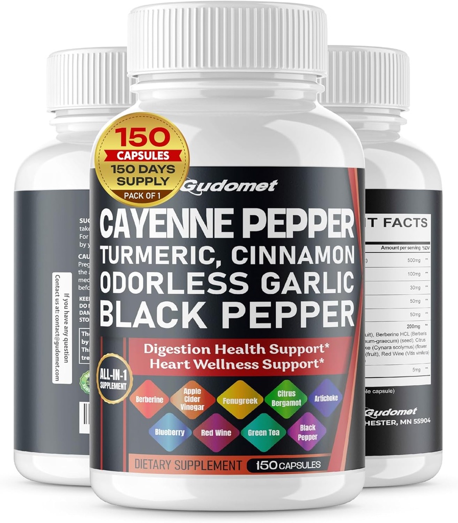 Cayenne Pepper Turmeric Ajo sin olor Cinnamon Fenugreek Citrus Bergamot Artichoke Blueberry Green Tea Black Pepper -150 Capsules- Made in USA