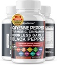 Cayenne Pepper Turmeric Ajo sin olor Cinnamon Fenugreek Citrus Bergamot Artichoke Blueberry Green Tea Black Pepper -150 Capsules- Made in USA