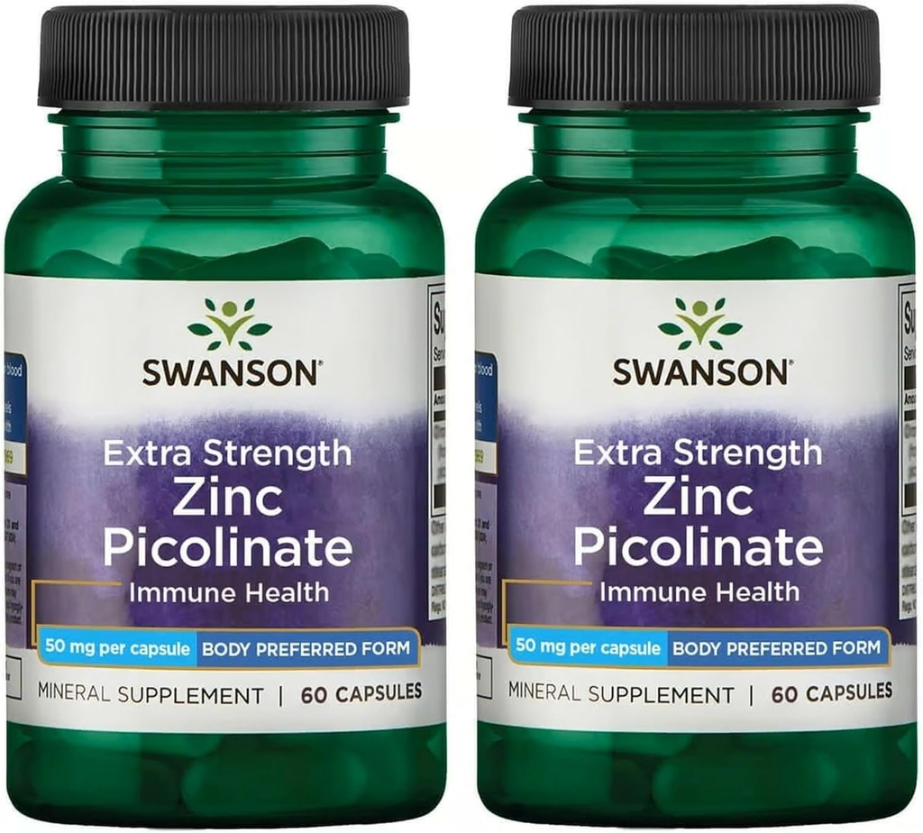 Swanson Premium Brand Extra Strength Zinc Picolinate - Forma preferida Cuerpo Cápsulas de Salud Inmunitaria - 50 mg por cápsula - 60 cápsulas, paquete de 2
