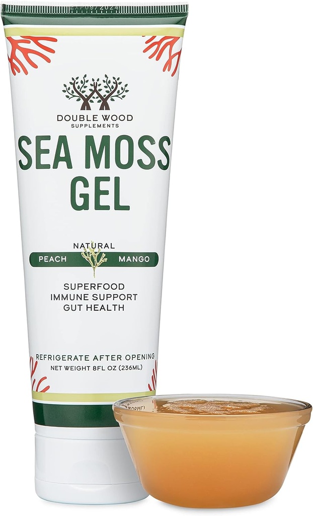 Sea Moss Gel (Organic, Raw, Wildcrafted Irish Sea Moss) 8 Fl Oz de Peach Mango Flavored Seamoss Gel, 31 Day Supply (Superfood with Only 5 Calories Por Serving, 1 Gram Añadido Sugars) por Double Wood
