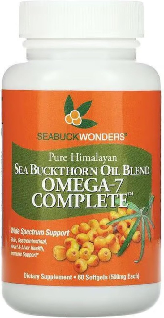 Óleo de Buckthorn de Mar Orgánico, Omega-7 Full Softgels, 60 Cuenta, con Omega 3, 6 & 9, soporta el cabello, piel & salud de uñas, 1000 mg por servicio