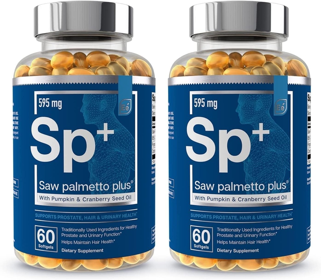 Elementos esenciales Saw Palmetto Plus - Suplemento de salud de próstata para hombres con calabaza y aceite de semilla de arándano Ø Apoya la vejiga y la salud urinaria 120 Softgels