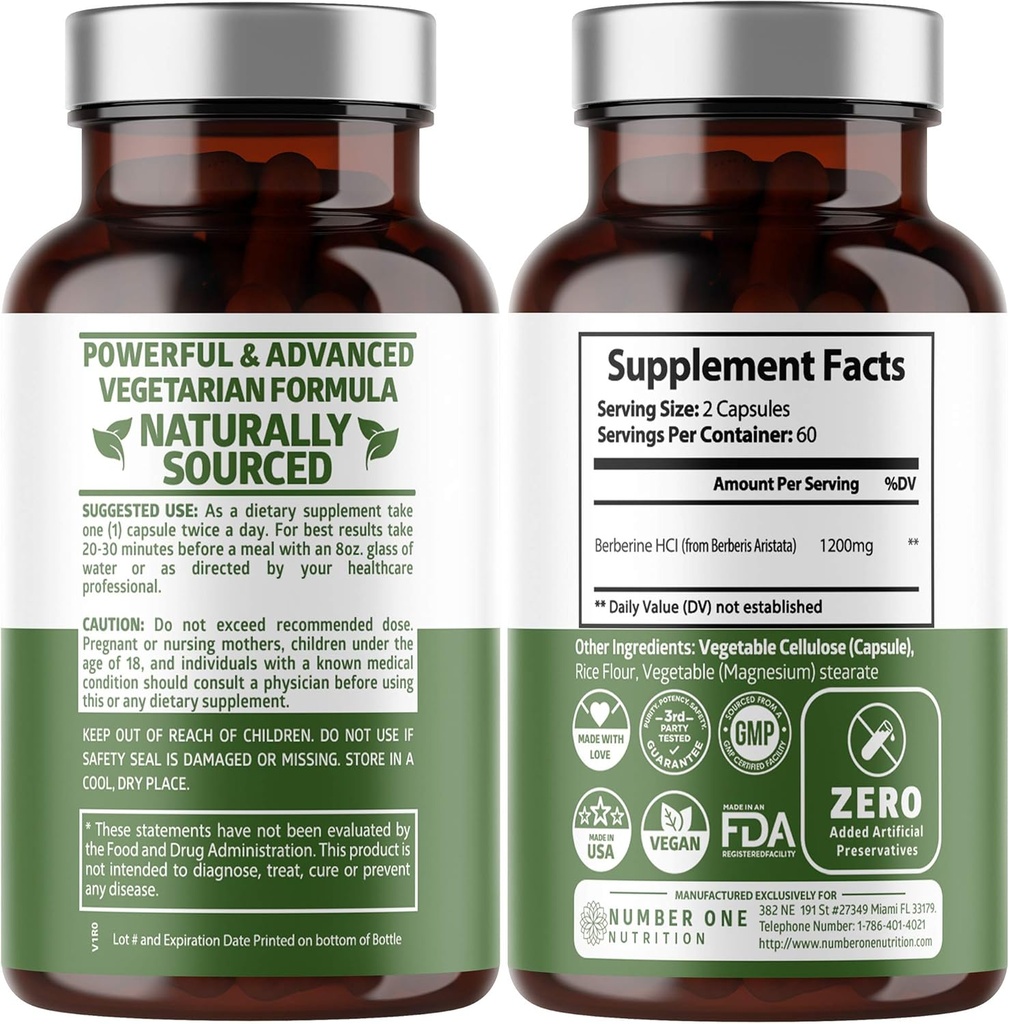 Nutrición N1N Premium Berberine Plus 120 Caps, 1200 mg, Suplemento Natural Apoya Anti-Aging, Salud Celular, Energía y Digestión