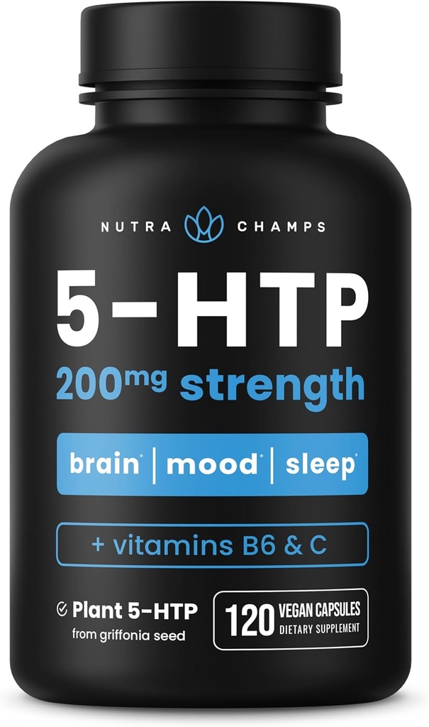 NutraChamps 5-HTP 200mg, 120 cápsulas Vegan, Pure 5HTP 100mg Plus Co-Factors Vitamina B6 y vitamina C