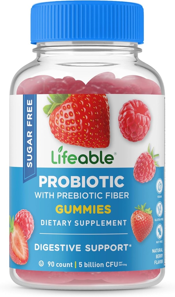Probióticos gratuitos de azúcar con prebióticos Fiber – Gran Tasting Natural Flavor Gummy Suplemento – Keto Friendly Chewable – para Gut Health and Immune Support – para adultos, Hombre, Mujeres – 90 Gummies