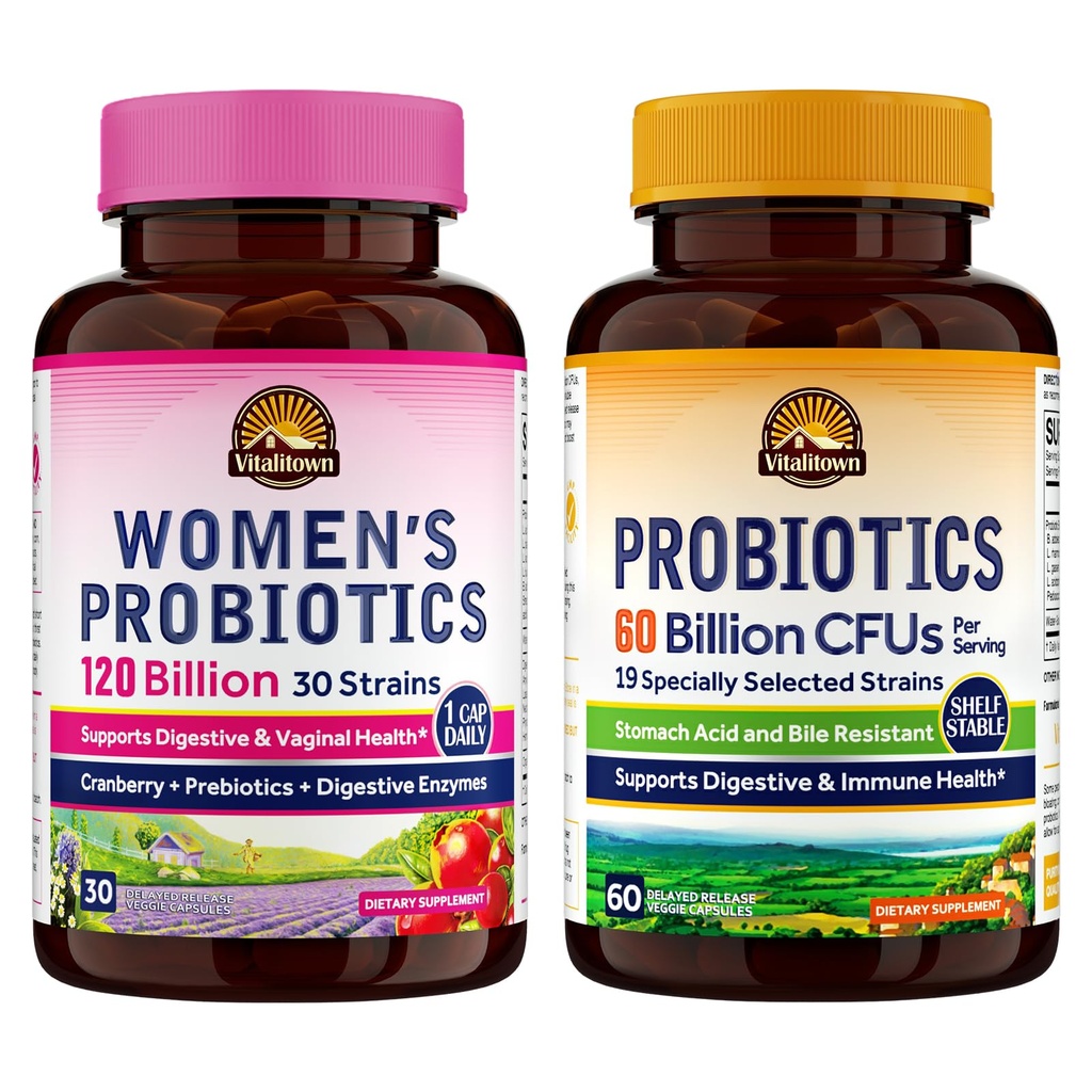Vitalitown Probiotic Bundle (Pack of 2) | Women’s Probiotics 120 Billion (Item 1) & Probiotics 60 Billion (Item 2) | Shelf Stable | Digestive & Women’s Health | 30 Servings Each