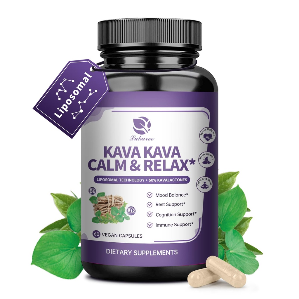 Kava Kava Root Extract Supplement - Liposomal Kava Capsules with L Theanine 200mg, 50% Kavalactones, Relax Calming Kava Extract, Vitamin B6, B12 - for Sleep, Mood, Cognitive & Immune Support, 60CT