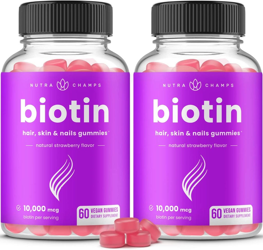 NutraChamps (2 Pack) Biotin Gummies 10,000mcg [High Potency] for Healthy Hair, Skin " Nails for Adults " Kids - 5000mcg in each Gummy Vitamin - Vegan, Non-GMO, Pectin-Based Hair Health Supplement