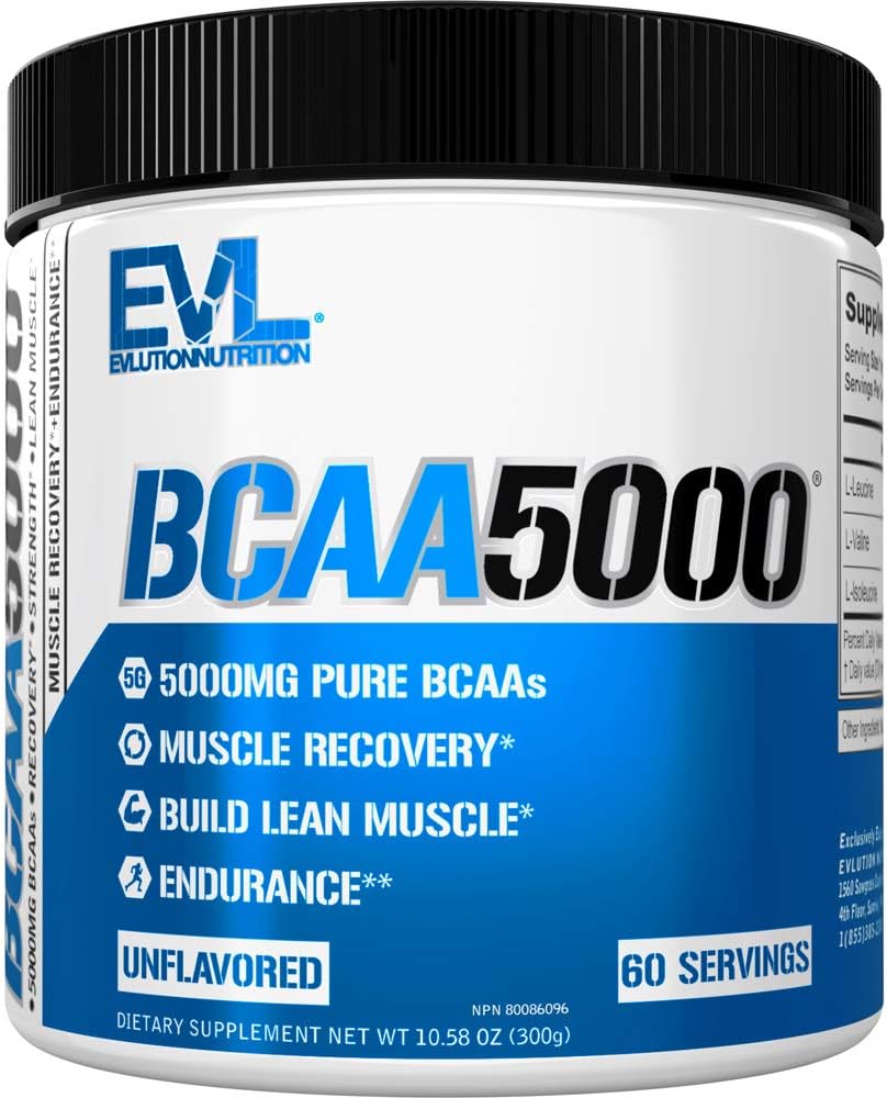 Evlution EVL BCAAs Amino Acids Powder - BCAA Powder Post Workout Recuperación Bebida y Estim Gratis Pre Workout Energy Drink Powder - 5g Branched Chain Amino Acids Supplement for Men - Unflavored Powder