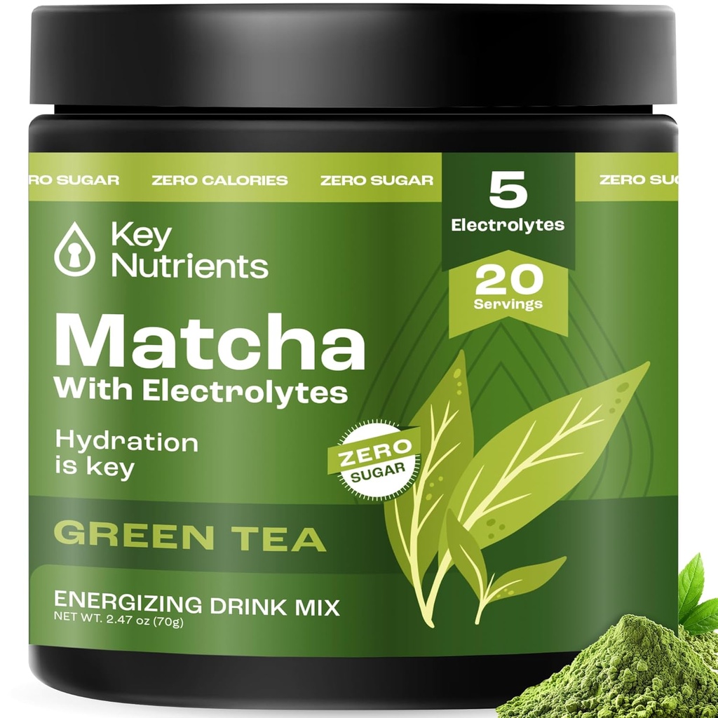 KEY NUTRIENTS Matcha Powder - Powder Matcha sin azúcar con electrolitos para hidratación y energía - té verde - sin azúcar - hecho en EE.UU., 20 piezas