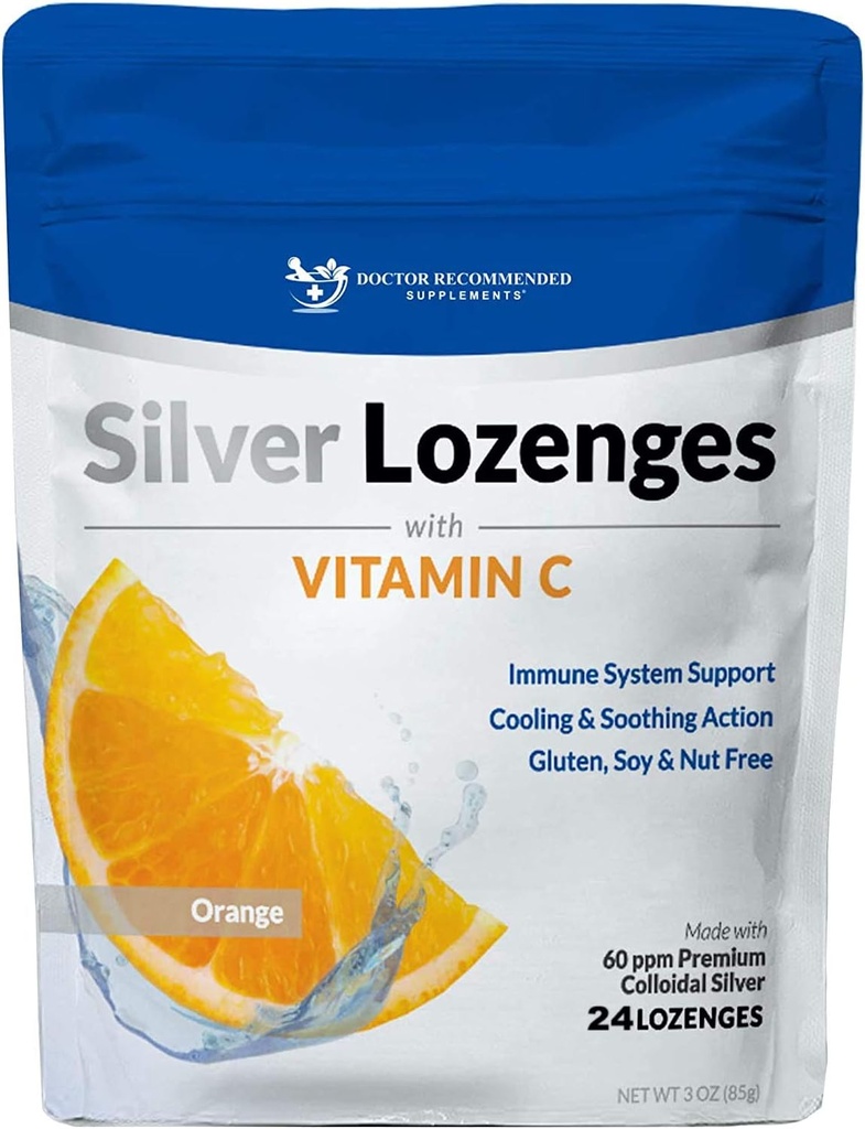 Lozenges de Plata con Vitamina C - Premium Nano Plata 60 PPM Colloidal Plata, Miel Orgánica y Vitamina C Suplemento Mineral gotas para soportar el sistema inmunológico, Soothe Cough & Throat - 24 Naranjas