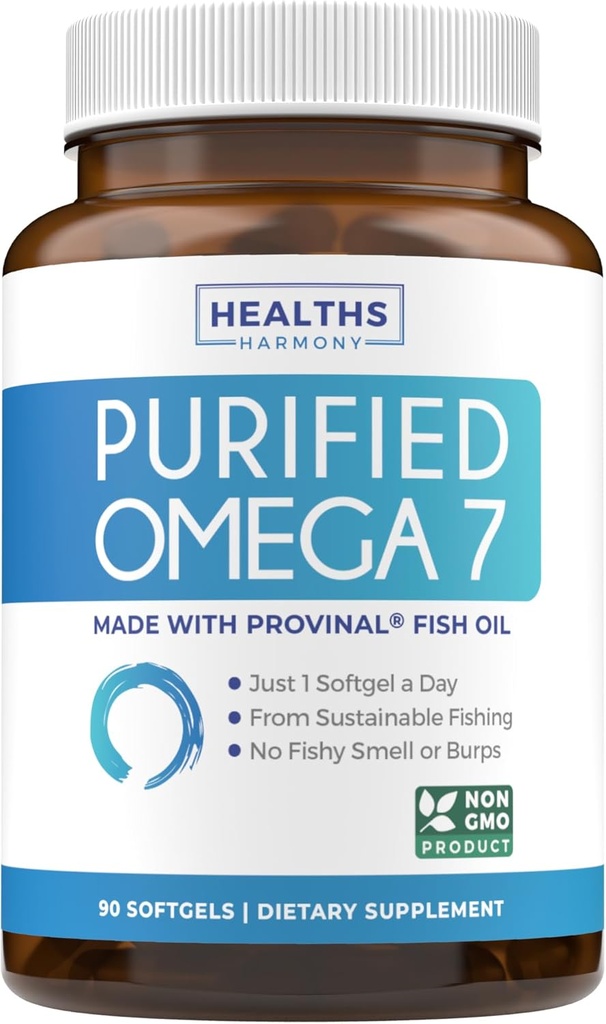 Omega 7 Suplemento para Mujeres y Hombres - Alta Potencia & Puridad Palmitoleic Acid Fatty Acid Fish Oil Suplemento de Pez Patented Provinal con el ácido palmítico más bajo - Fuente sostenible (3 Month Supply)