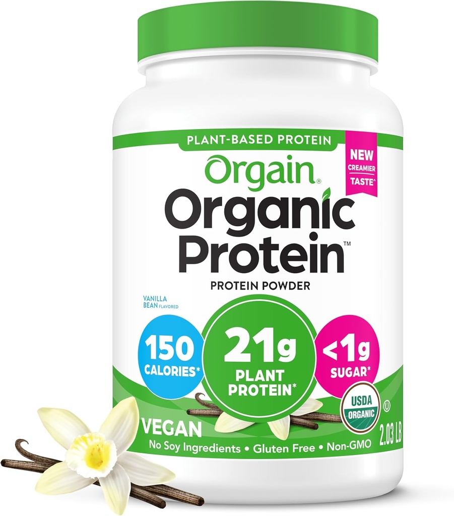 Orgain Orgain Orgain Pólvora de proteínas veganas orgánicas, grano de vainilla - 21g Proteína vegetal, fibra prebiótica 4g, sin ingredientes de lactosa, sin azúcar agregado, no GMO, para sacudidas & smoothies, 2,03 lb (paquete mayo Vary)