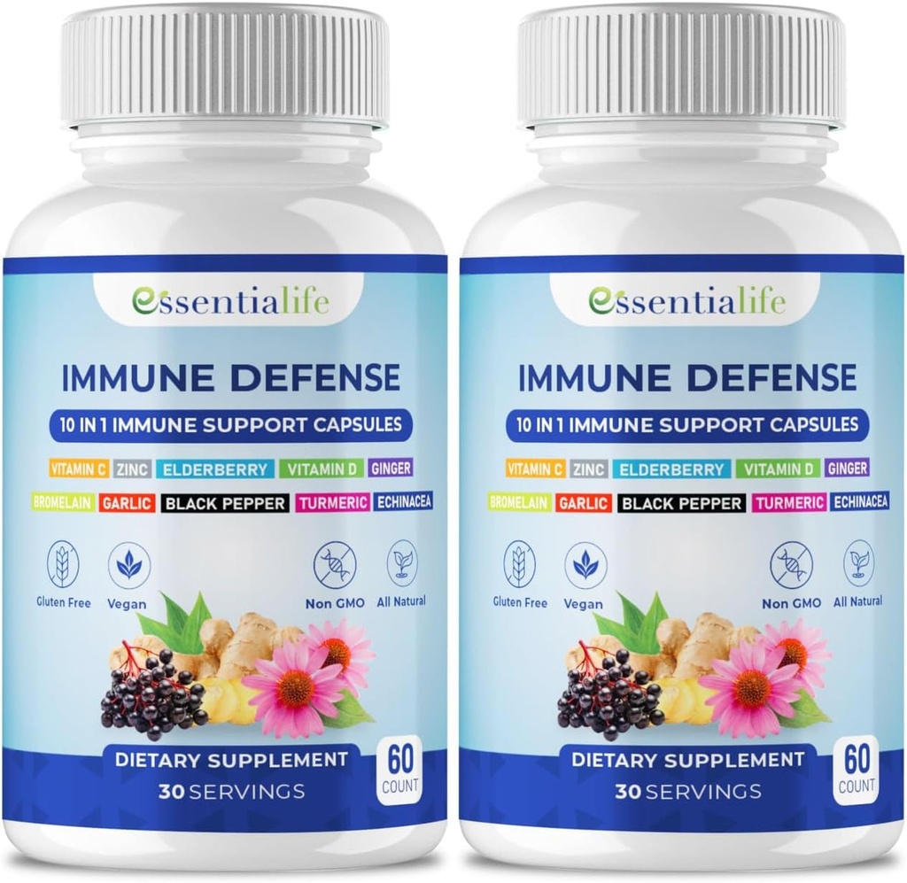 Suplemento de apoyo inmunitario - 2 Packs 10 en 1 Elderberry, Echinacea, Vitamina D, Vitamina C 1000mg & Zinc Suplemento - con Booster inmunitario para adultos - 120 cápsulas de vitaminas