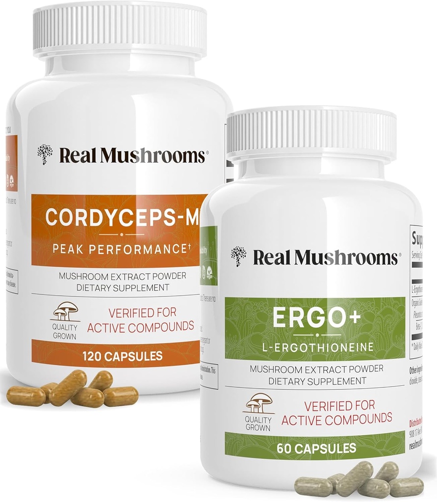 Real Mushrooms Ergothioneine (60ct) y Cordyceps-M (120ct) Bundle con Shiitake y Oyster Mushroom Extractos - Longevity and Energy - Vegan, Gluten Free, Non-GMO - Apoyo natural para el envejecimiento saludable
