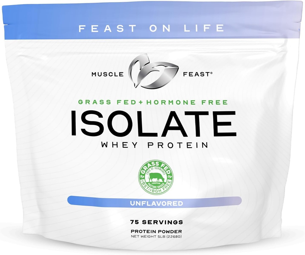 Muscle Feast Grass-Fed Whey Protein Isolate, All Natural Hormone Free Pasture Raised, Whey Isolate Protein Powder for Hombre and Women, Clean, Non-GMO & Gluten-Free, Isolate Protein - Unflavored, 5lb