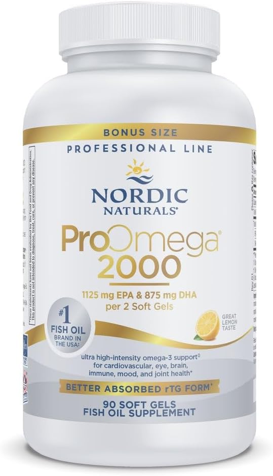 Nordic Naturals ProOmega 2000, Lemon Flavor - 90 Soft Gels - 2150 mg Omega-3 - Ultra High-Potency Fish Oil - EPA & DHA - Promueve Cerebro, Ojo, Corazón, & Immune Health - Non-GMO - 45 servicios