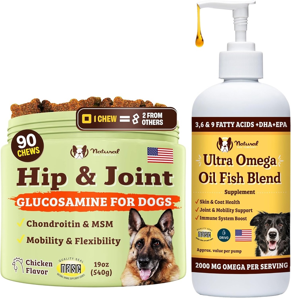 Natural Dog Company Canine Vitality Dog Vitamins and Supplements Bundle, Incluye (1) Hip and Joint Chews Suplemento-90 pcs cosequin for Dogs, (1) Ultra Omega Fish Oil 16 Oz Omega 3 Fish Oil for Dogs