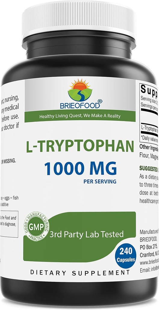 Brieofood L-Tryptophan 1000mg por Serving - 240 Capsules - Soporte Poisitive Mood & Relaxation