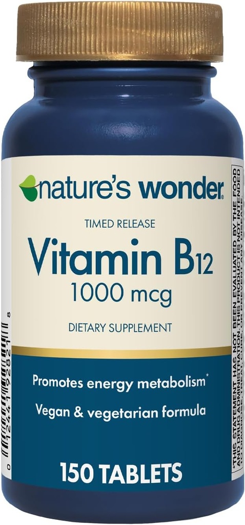 Wonder Vitamina B12 1000 mcg Tablas de liberación de tiempo para el metabolismo energético, apoya la salud cerebral y el sistema nervioso Salud, 150 Day Supply, 150 Tablets