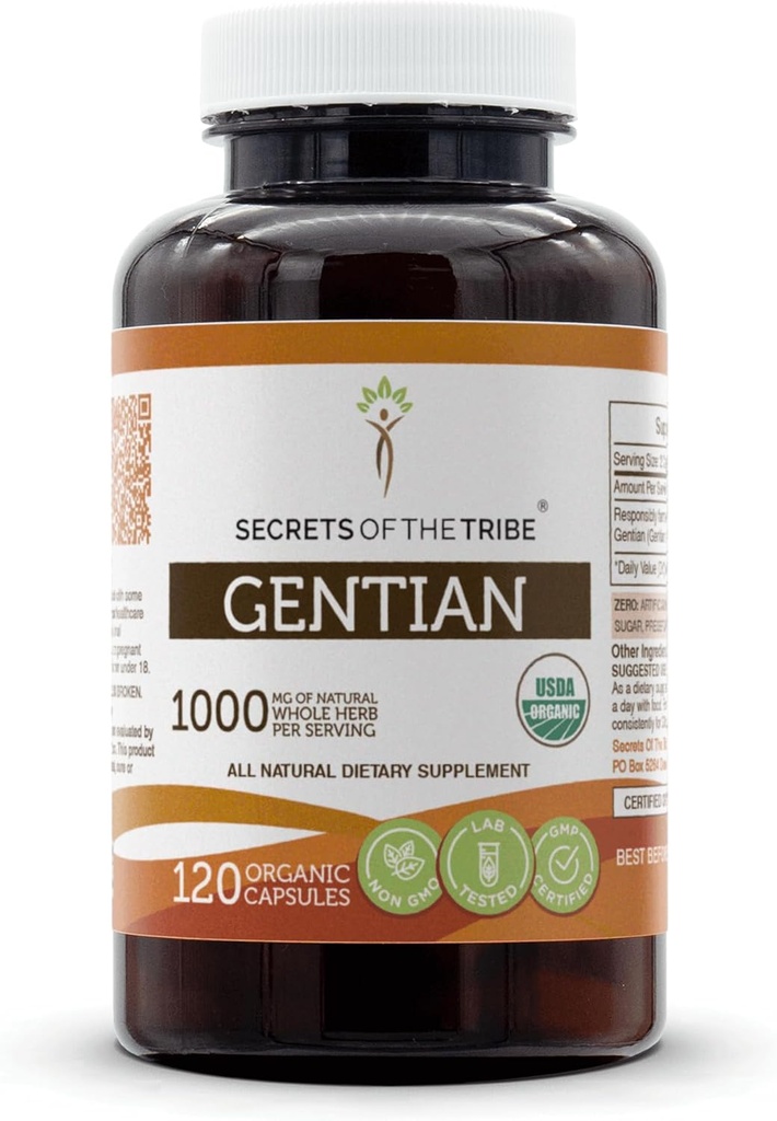 Secretos de la Tribu Gentian USDA 120 cápsulas orgánicas, 1000 mg, Gentian Orgánico responsablemente cultivado (Gentiana Lutea) Root seco (120 cápsulas)