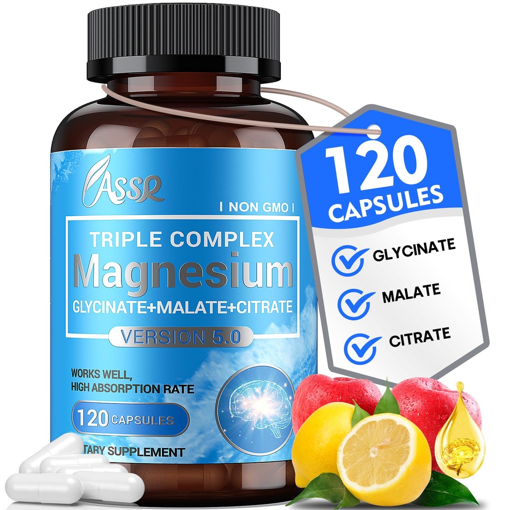 ASSR Complejo de Magnesio Triple – Suplemento de magnesio de 300 mg con Glycinate, Malate " Citrato – Apoyo Relajación, Función del musculo " - Alta Absorción, Vegan, No OGM, 120 cápsulas