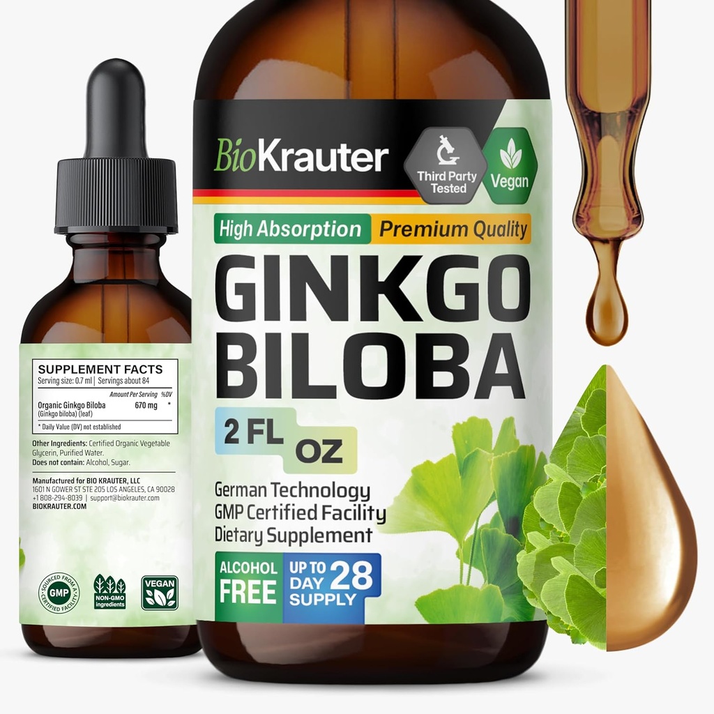 BIO KRAUTER Ginkgo Biloba Extract - Liquid Ginkgo Biloba Suplementos para Cerebro - Vegan, Alcohol & Azúcar Gratis - 2 Fl Oz