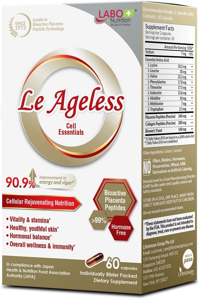 LABO Nutrición Le Ageless – Terapia rejuvenecedora de células Placenta de Japón – Mejorada con el Peptide de Collagen y la levadura de Brewer para apoyar la salud inmune, regeneración de la piel, anti envejecimiento – 60 cápsulas