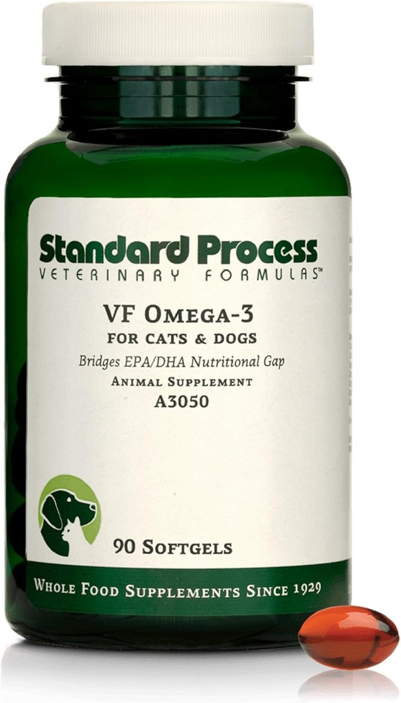 Standard Process Inc. VF Omega-3 para mascotas - Suplemento dietético con ácidos grasos Omega-3 - Apoyo al crecimiento de los huesos, salud inmune, salud cardíaca - suplemento de aceite de pescado para mascotas - 90 Softgels