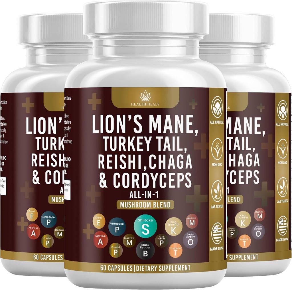 Mushroom Suplemento con Lion's Mane Turkey Tail Reishi Cordyceps Chaga Marshmallow Root - 180 Conde