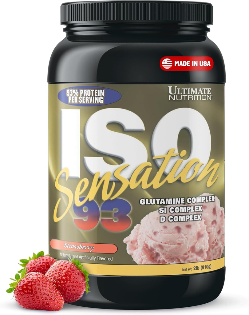 Ultimate Nutrition Whey Protein Isolate Powder with Glutamine Complex, ISO Sensation 93 - Whey Protein Powder with Añadido Colostrum for Enhanced Recovery, Immunity & Gut Health - Strawberry, 2lbs