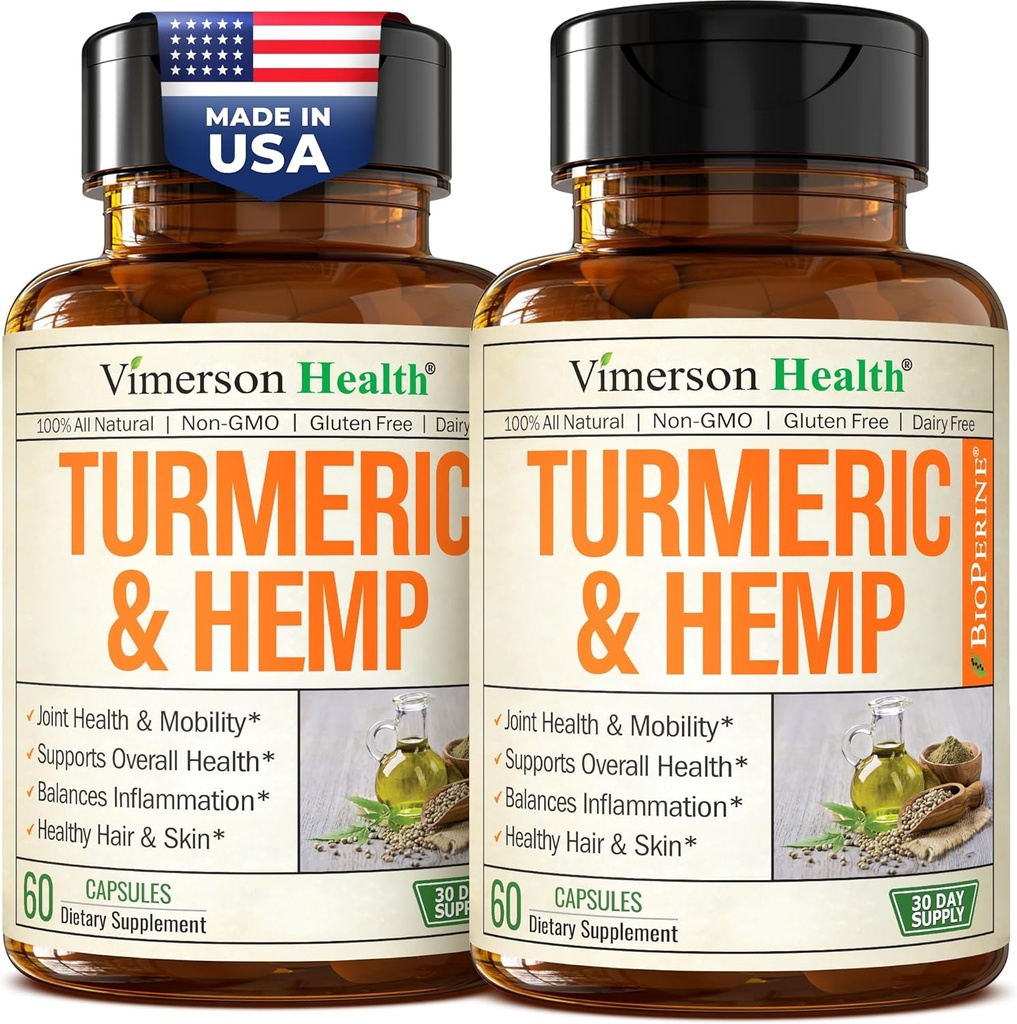 Suplemento de la Curcumina Turm con semillas de cáñamo " Lemon Balm Extract – Joint Health " Mood " Calma " Dormir resentido – con Pepper Negro para la Absorción – Suplemento Conjunto para Mujeres Hombres - 2 Pack
