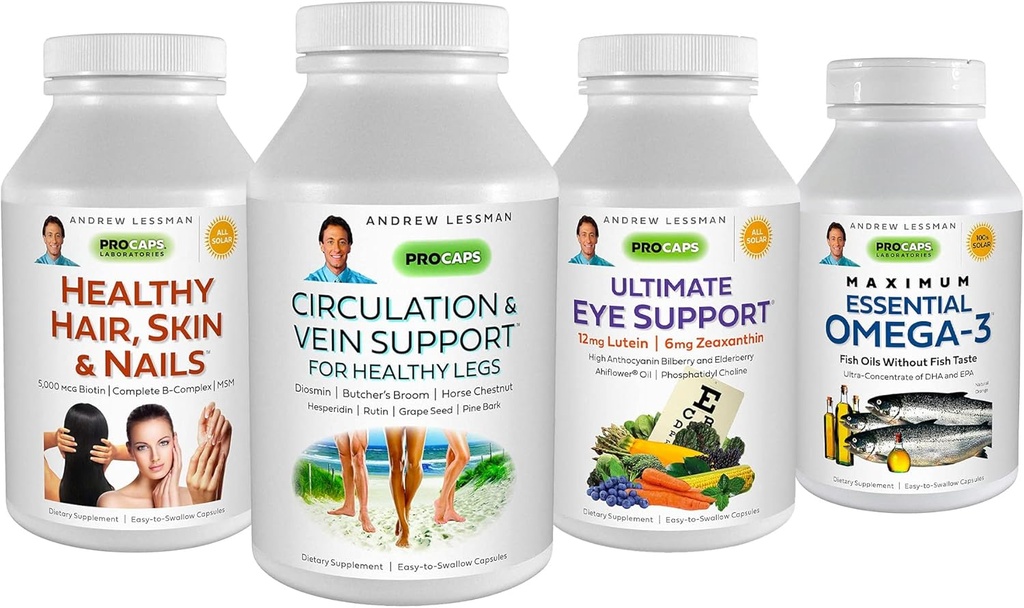 ANDREW LESSMAN 4 Clientes Favoritos del producto Bundle - 30 Cuenta Cada una de Circulación " Veinte Soporte, Pelo sano, Piel y uñas, Ultimate Eye Support, y Máximo Esencial Omega-3 (Orange)