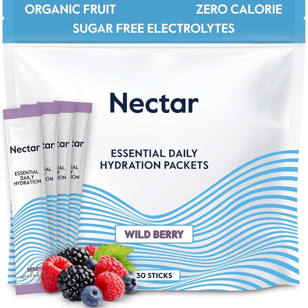 Embalajes de hidratación Nectar - Empaquetaduras de pólvora de electrolitos - Sin azúcar o calorías - Fruta Orgánica Liquid Daily IV Paquetes de hidratación para aliviar la deshidratación y rehidratación rápida (Berry 30 Pack)