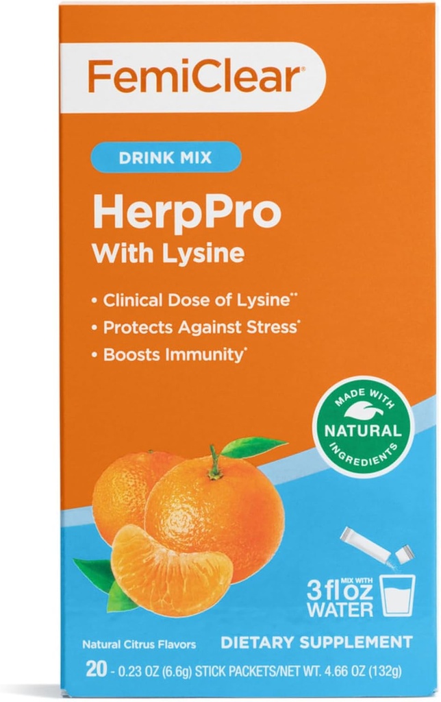 FemiClear HerpEase con L-Lysine 3000mg Suplemento dietético Bebida Mix con Zinc 11mg Vitaminas A y C 900mg Sensoril Ashwaganda 250mg Stevia Extracto 60mg