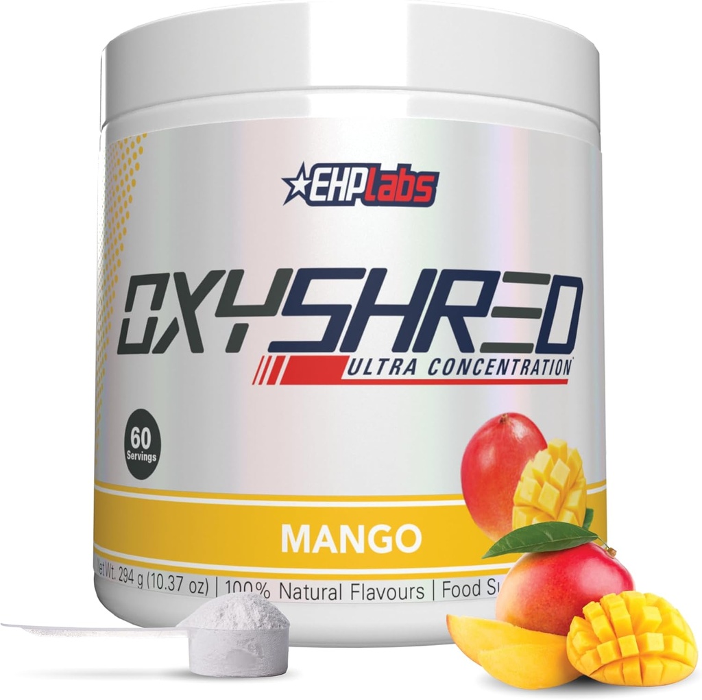 EHP Labs OxyShred Pre Workout Powder - Preworkout Powder con L Glutamine & Acetyl L Carnitine, Energy Boost Drink - Mango, 60 Servings