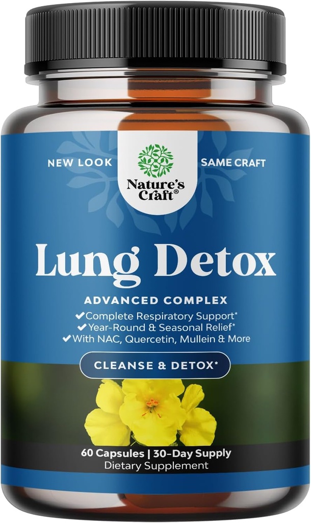 Lung Detox Mullein Leaf Capsules - Purifying Mullein Lung Cleanse Complex with NAC Quercetin & Cordyceps Extracts - Leaf Herb Respiratory Supplement for Sinus Immunity & Breathing Support 60ct