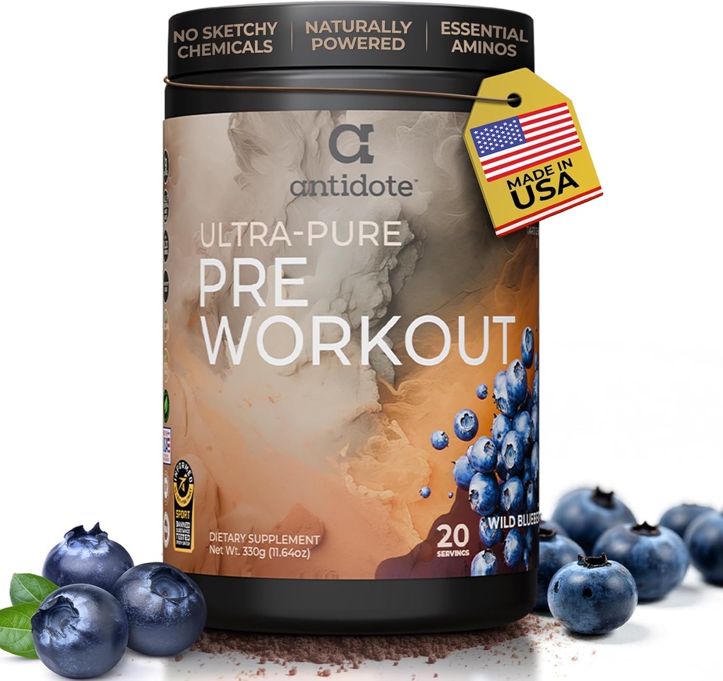 Antidote Clean Pre-Workout Powder - Natural Energy & Focus Booster with Beetroot, Creatine " Beta-Alanine - No Artificial Additives - Vegan, Keto-Friendly Supplement - Wild Blueberry - 20 Servings
