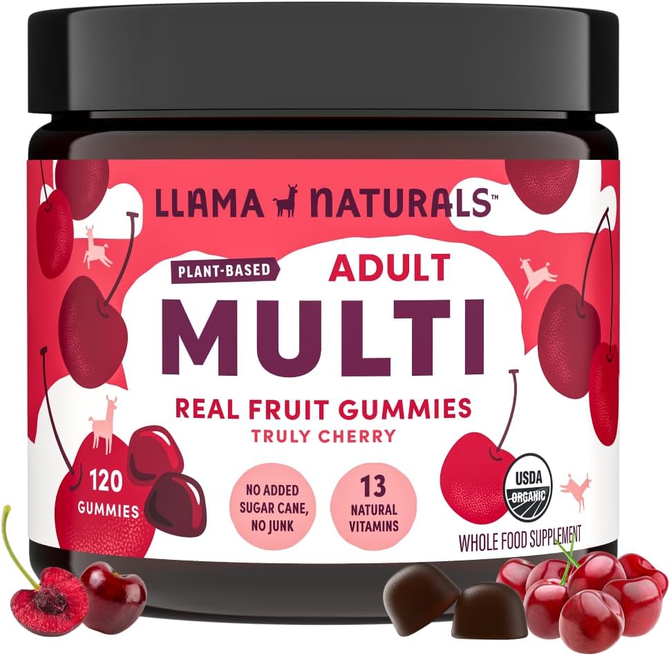 Llama Naturals Multivitamínico para Mujeres y Hombres, Vegan, Gummies Orgánicas con Vitamina D, C y K, Adultos Frutas Reales Vitaminas Gummy, Suplemento Multivitamínico Chewable, No Añadido caña de azúcar, cereza, 120 Ct
