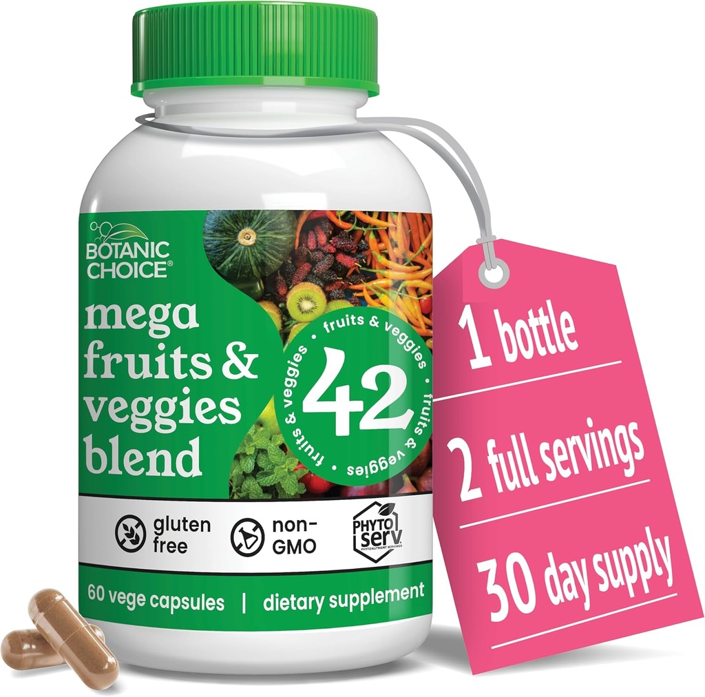 Botanic Choice Mega Fruits and Veggies Blend - 42 Fruit & Vegetable Superfood Capsules - Elderberry, Chlorella, Kale - Suplementos - 60 cápsulas