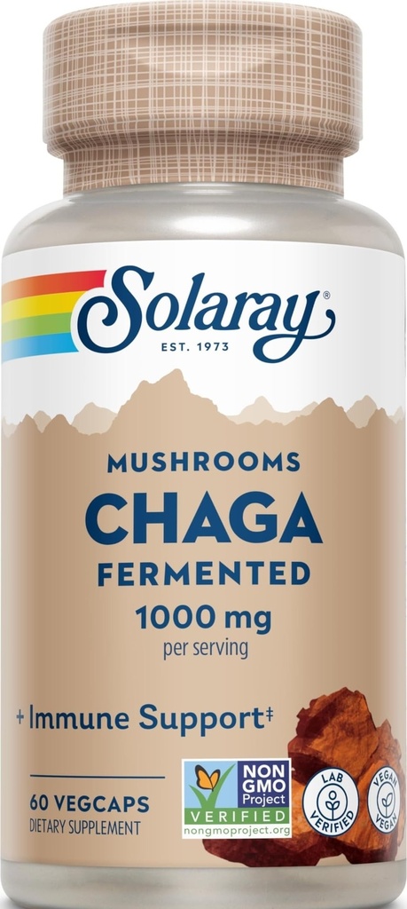 SOLARAY Fermented Chaga Mushroom 1000 mg TENIDO Función sana Inmunitaria Soporte TENIDO 30 Servimientos TENIDO 60 VegCaps