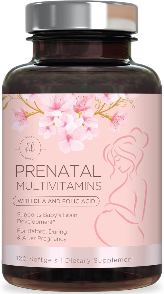Vitaminas prenatales para mujeres con ácido fólico, DHA & Iron - Multivitamina prenatal de las mujeres, vitaminas prenatales esenciales con folato, Omega 3, D3, B12, suplemento de embarazo para mamá & bebé - 120 Softgels
