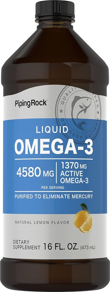 Piping Rock Omega 3 Fish Oil Líquido Suplemento Silencio 16 Fl Oz ← Mercurio Libre Silencio Lemon Flavor Silencio 1370 mg Active Omega-3 Silencio para Hombres y Mujeres Silencio No Gluten Libre