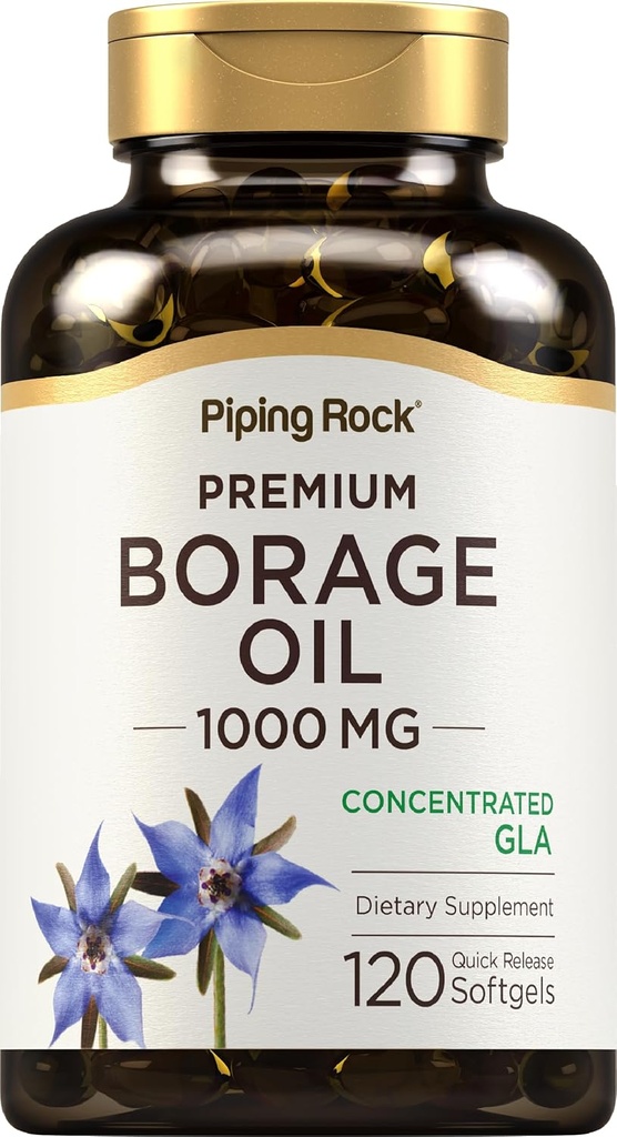 Piping Rock Borage Petróleo Suplemento Silencio 1000 mg Softgel Capsules Silencio 120 Conde Silencio Cold Presionado Silencio Hexane Free ← Non-GMO, Gluten Free Supplement