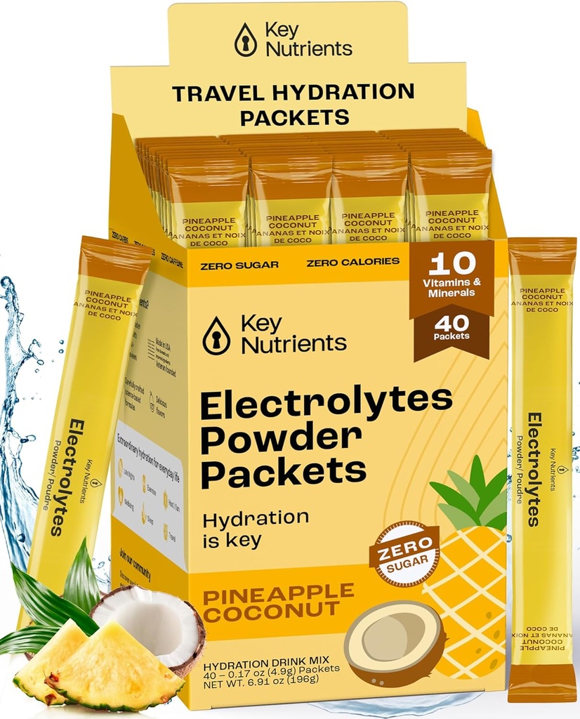 KEY NUTRIENTS Empaquetaduras de polvo de electrolitos - Pineapple tropical Coconut 40 Pack Hydration Packets - Powder de hidratación de viajes - Sin azúcar, sin calorías, sin gluten electrolitos de Keto libre Polvo - Hecho en EE.UU.