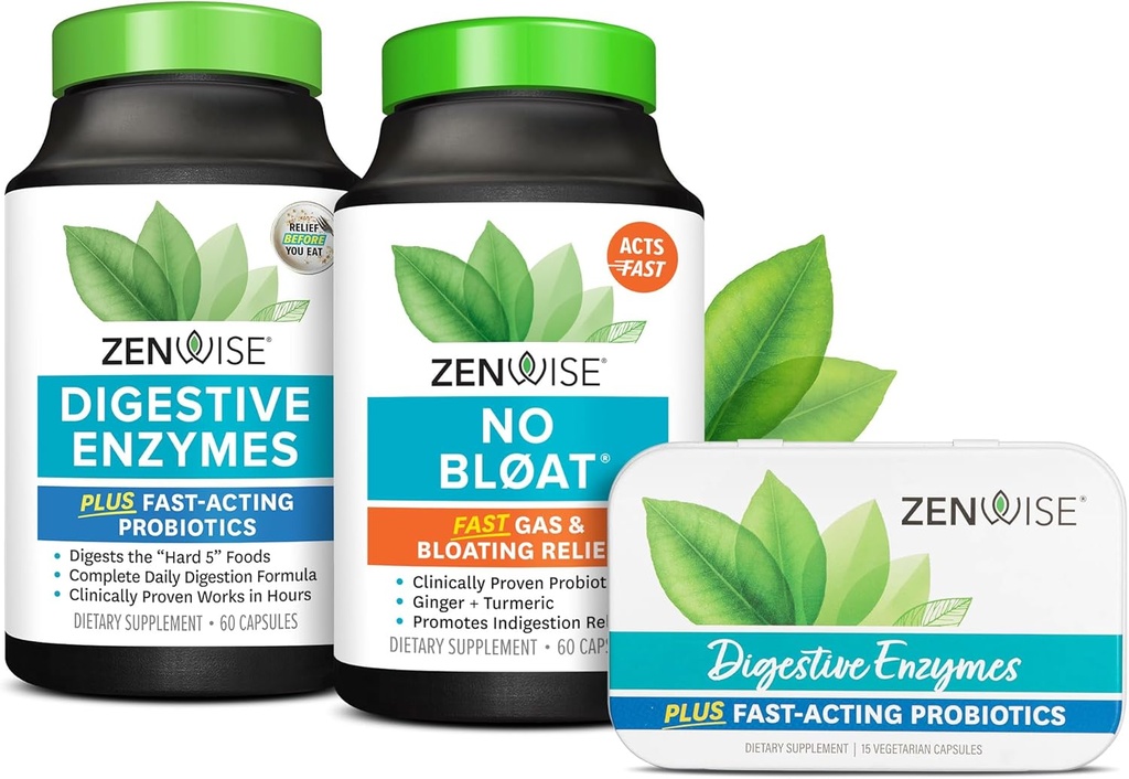 Zenwise Health Digestive Bliss Bundle Digestive Enzymes + No Bloat + Free Digestive Enzymes Travel Tin - pre y post Meal Digestive Routine con enzimas y probióticos para la salud digestiva